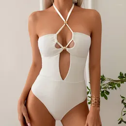 Women's Swimwear Solid Color White One Piece Swimsuit Women High Waist Hollow Out Suspender Backless Bikini Summer Beach Bathing Suit