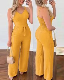 Summer Woman Long Jumpsuits Elegant Sexy V-Neck Shirred Cami Top High Waist Pants Set Fashion Casual s240321