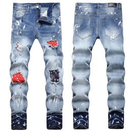 2022 Autumn Street Light Colour Perforated Jeans AM Men's Elastic Slim Fit Trendy Small Feet Mid Waist Long Pants