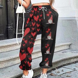 Women's Pants Long Linen Women Fashion Valentine Day Printed Sweatpants High Waist Straight Sporty Gym Style Bottom With Pockets