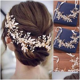 Hair Clips Barrettes Champagne Alloy Crystal Beads Flower Bride Headbands Comb Princess Bridal Ribbon Hairband Accessories Crown Drop Dh4S1