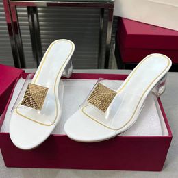 summer women chunky heel slippers runway designer high quality crystal high heel slippers new arrive hot sale lots of Colours female dress shoes