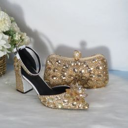 Pumps 2021 New Golden crystal Wedding shoes with matching bags Rhinestone high heels ankle strap women party dress shoes