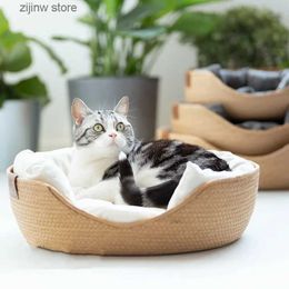 kennels pens Pet Cat Mat for Small Dog Bed Kennel Sofa Bamboo Weaving Four Season Cosy Nest Baskets Waterproof Removable Cushion Sleeping Pad Y240322