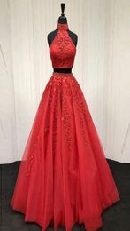 New Customize Lace Appliqued Two Piece Prom Evening Dresses Long Cheap Halter Ball Gowns Formal Party Dress vestido largo fiesta9642370