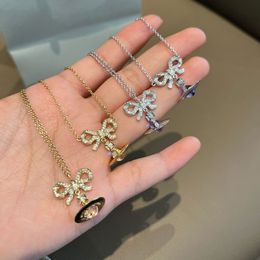 Brand Bow Saturn Necklaces Girl Silver Gold Earrings Pink Purple Ball Pendant Necklace