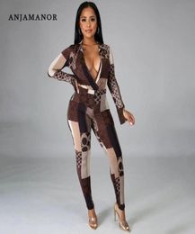 Geometric Print Women Jumpsuits And 2 Piece Pant Sets Club Outfits Split Flared Long Sleeve Bodysuit Leggings D74DC35 Women03938192094629