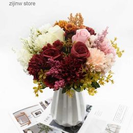 Faux Floral Greenery 1 Bunch Rose Chrysanthemum Combination Bouquet High Quality Artificial Flowers Home Decor Autumn Decoration Diy Wedding Festival Y240322