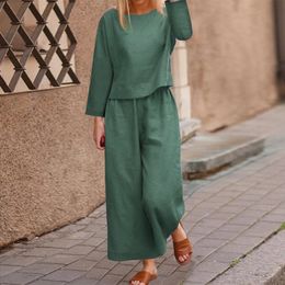 Linen Casual 2 Piece Outfits Wide Leg Women Basic Top Cropped Pants Crew Neck Elastic Waist Solid Colour Loose Vacation Outfit 240315