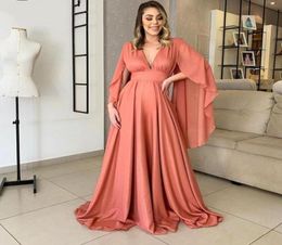 Coral Long Sleeve Evening Dresses Arabic Aso Ebi Large Size V Neck A Line Chiffon Party Formal Gowns Backless Women Prom Dresses7229817