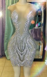 Party Dresses Sheer Silver Sexy Short Prom Black Girls Beaded Birthday African Mini Cocktail Homecoming