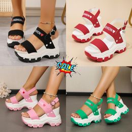 2024 NEW Resistant Women's plus-size sandals with wedge soles, thick heels, round head, open toe letter, one-line buckle GAI