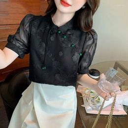 Ethnic Clothing 2024 Chinese Black Qipao Top Retro Improved Tops Women Vintage Elegant Femal Blouse Satnd Up Collar Lady