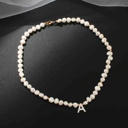 Real Freshwater Pearl Necklace Choker For Women Alphabet A-Z Shell Letter Initial Buckle Gold Colour Pendant Jewellery Gift200U