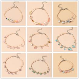 2024 New Fashion Jewellery Beach Style Starfish Shell Chain Women's Woven Lafite Grass Colourful Gravel Feet Decoration