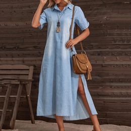 Casual Dresses 2024 Long Denim Women Loose Short Sleeved Shirt Dress Elegant Side Slit Turn Down Collar Vestidos