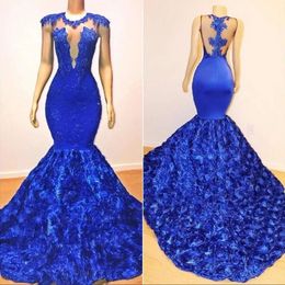 Royal Blue Sexy Mermaid Prom Dresses Sheer Neck Sleeveless Lace Appliques Beaded Rose Flowers Evening Dress Party Pageant Formal Gowns