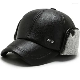 Ball Caps HT3362 Men Cap Warm Winter Baseball Hat Male Windproof PU Leather Elder Man Grandfather Dad Hats With Ear Flaps