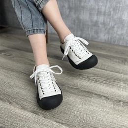 Casual Shoes Women Leather White Lace Up Flats Autumn Low Heels Handmade Genuine Soft Retro Big Toe