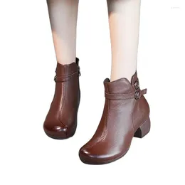 Boots 2024 Autumn Winter Thick Heel Ankle Women Warm Shoes Handmade Genuine Leather Flowers Zipper Retro