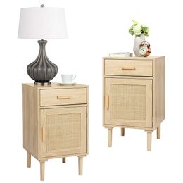 Finnhoy Tall Set, Drawers and Shees, Handcrafted Rattan Decorative Door, Bedside Table with Bedroom Storage Space, Natural Color, 2-piece Set