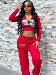 Women's Tracksuits Sifreyr Trousers two-piece printed basic zipper short open NAVEL Bodycon Hooded open front cardigan high waisted straight leg pants setL2403