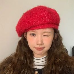 Berets Retro Red Shiny Silk For Women Spring And Autumn 2024 Atmosphere Show Face Small Fashion Versatile Painter Hat