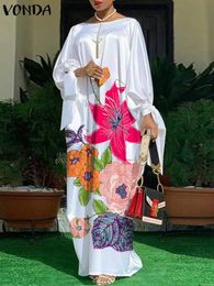Women VONDA Summer Party Dress Vintage Floral Printed Casual Loose Bohemian Beach Sundress Long Sleeve Satin Maxi Vestidos 240314