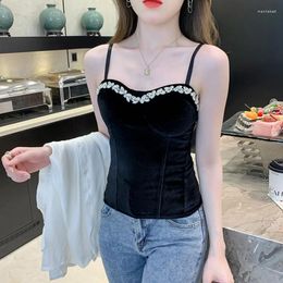 Women's Tanks Fashion Shining Diamond Luxury Women Tank Tops Black Velvet Sexy Crop Top High Street Banquet Nightclub Female Vest