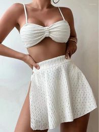 Women's Swimwear 2024 3 Pieces Set Swimsuit Women Thong Sexy Bikini With Sarong Skirt Beachwear Bathing Suit White Cover Ups