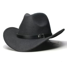 LUCKYLIANJI Boys Girl Wide Brim Country Western Leather Band Hat Fedora Trilby Wool Felt Jazz Chapeu Cowboy Cap For Children 240311