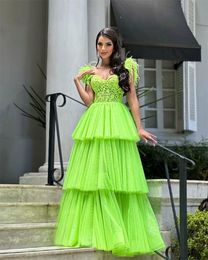 Green Spaghetti Strap Tiered Prom Dresses Feather With Lace Appliques Graduation Dress Ruffles Layered Tulle Puffy Maxi Dress