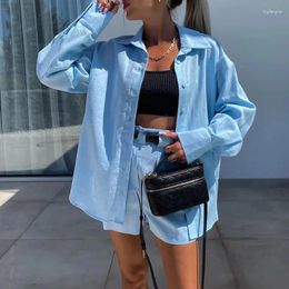 Women's Tracksuits Spring Loose Long-sleeved Lapel Shirt & Shorts Outfits Women Casual Solid Two Piece Set Summer Elegant Office Lady Suit