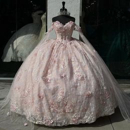 Luxury Pink Mexican Quinceanera Dressess with Cape Applique vestido 15 Lace Up Corset Prom Party Gowns For Sweet 16 Girl