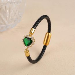 Charm Bracelets Black Leather Braided Heart Shape Crystal Zirconia Stainless Steel Bracelet Fashion For Women Jewelry Accessories