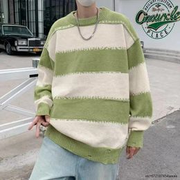 Men's Sweaters Striped Harajuku Oversized Sweater Autumn Japanese Style Round Neck Spliced Colour Loose Couples Hip Hop Knitted