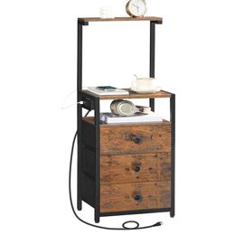 HOOBRO Nightstand Charging Station, 39 Inch Tall Night Stand with Fabric Drawers Storage Sheets, Bedside Table for Bedroom, Rustic Brown and Black BF131UBZ01