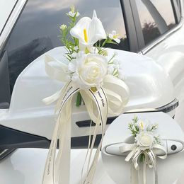 4PCS Christmas Creative Wedding Car Decoration Flower Door Handles Rearview Mirror Decorate Artificial Accessories 240308
