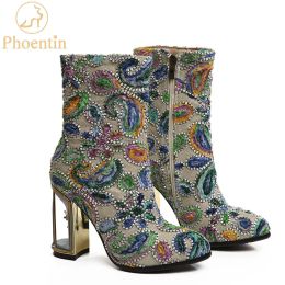 Boots Phoentin ethnic print flower women's boots mixed color crystal bird cage high heels 10cm high quality female short boots FT255