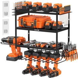 VG1M Power Tool Organiser Mount,drill Storage Rack Mount,4 Layers Cordless Holder,6 Drill Holder Wall Mount and Garage Racks for Storage,iron,black