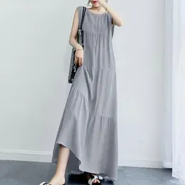 Casual Dresses Pleated Stitching Details Elegant Maxi Dress For Women A-line Silhouette Round Neck Design Breathable Fabric Beach Vacation