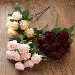 Faux Floral Greenery 10 Head Burgundy Roses Bunch Artificial Flowers Western Rose Wedding Decoration 11 Colour Peony Fake Flower Simulation Flower Y240322