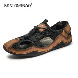 Sandals New Summer Genuine Leather Men Sandals Fashion Design Breathable Casual Shoes Men Soft Bottom Outdoor Beach Sandals Size 38 46