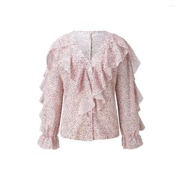 Women's Blouses Letter Print Blouse Chic Ruffle Collar V-neck With Puff Sleeves Loose Fit Chiffon Top For Streetwear
