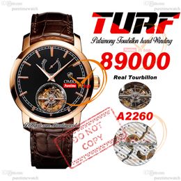 Patrimony Traditionnelle 89000 Real Tourbillon Manual Winding Mens Watch TURF Power Reserve Rose Gold Black Dial Brown Leather Super Edition Puretime Reloj PTVC