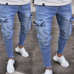 Men039s Skinny Cutout Jeans Slim Straight Striped Zipper Jeans Blue with Pocket Denim Fabric Trousers2715397