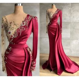 Fantastic Gold DHL Embroidery Beads Appliqued Evening Dresses Vintage Dark Red Sheer Long Sleeve Pleats Prom Party Gowns Vestidos BC