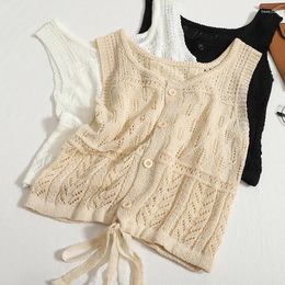Women's Vests Drawstring Hollow Out Knitted Tank Top Slim Versatile Sleeveless Tops Waistcoat 2024 Summer Vest Beach Wear