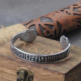 Bangle Stainless Steel Men's Handmade Nordic Rune With Viking Raven Never Fade Wooden Box As Gift