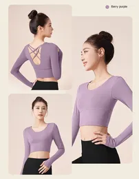 Active Shirts Cross-beautiful Back Yoga Clothes No Bra Quick-drying Sports Tops Thin Fitness Long-sleeved Women